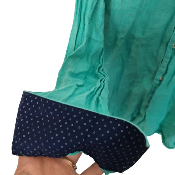 Masutto Mens L Green Long Sleeves Contrast Cuffs Linen Button Up Shirt Collared - Picture 4 of 8